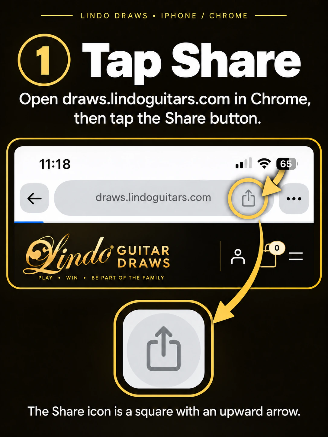 Chrome on iPhone, step 1: Open draws.lindoguitars.com and tap Share. A gold circle marks the square-with-upward-arrow button beside the address bar.