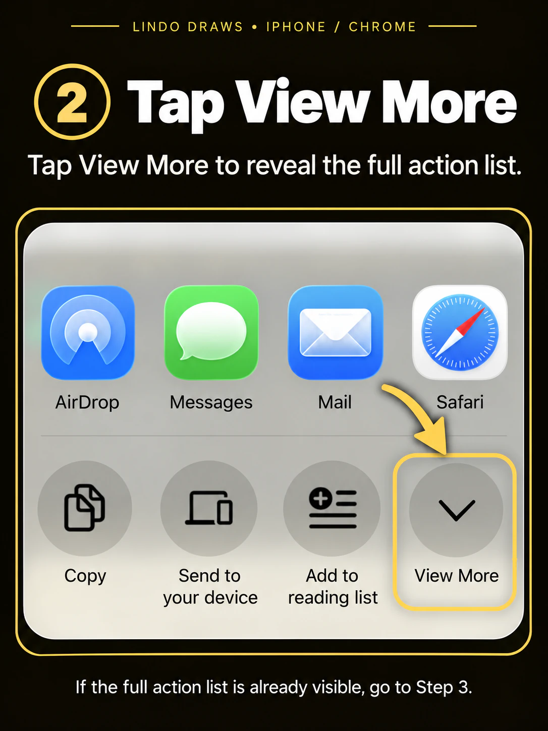 Chrome on iPhone, step 2: Tap View More. The downward arrow and View More action at the bottom right of the share menu are outlined in gold.