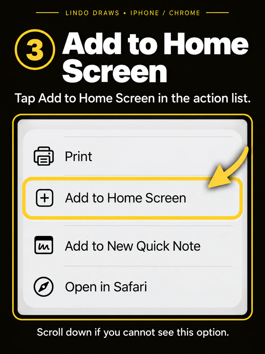 Chrome on iPhone, step 3: Tap Add to Home Screen. The plus icon and matching action row are outlined in gold.
