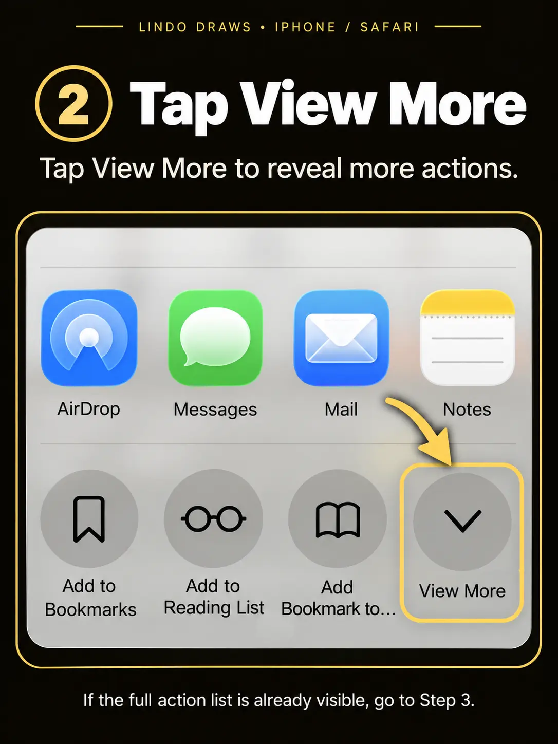 Step 2: Tap View More. The downward arrow and View More action in the iPhone share sheet are outlined in gold.