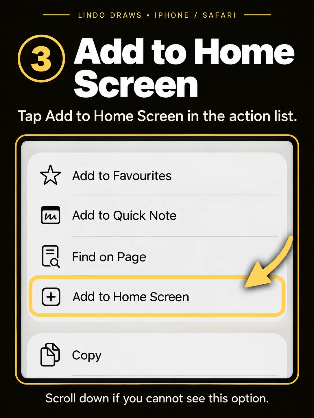 Step 3: Tap Add to Home Screen. The plus icon and Add to Home Screen row are outlined in gold.